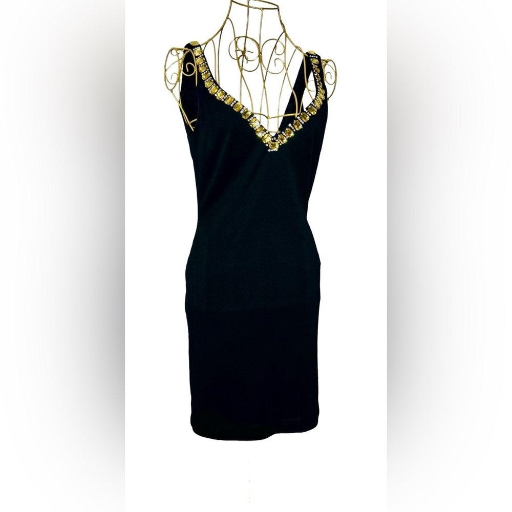 Basix Black Label Sexy Cocktail V-Neck Mini Dress w/Gold & Silver Rhinestones, 0 - Picture 2 of 16